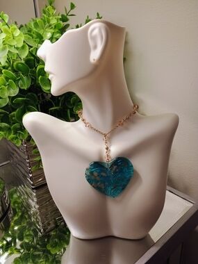 Teal & Gold Glass Heart Pendant